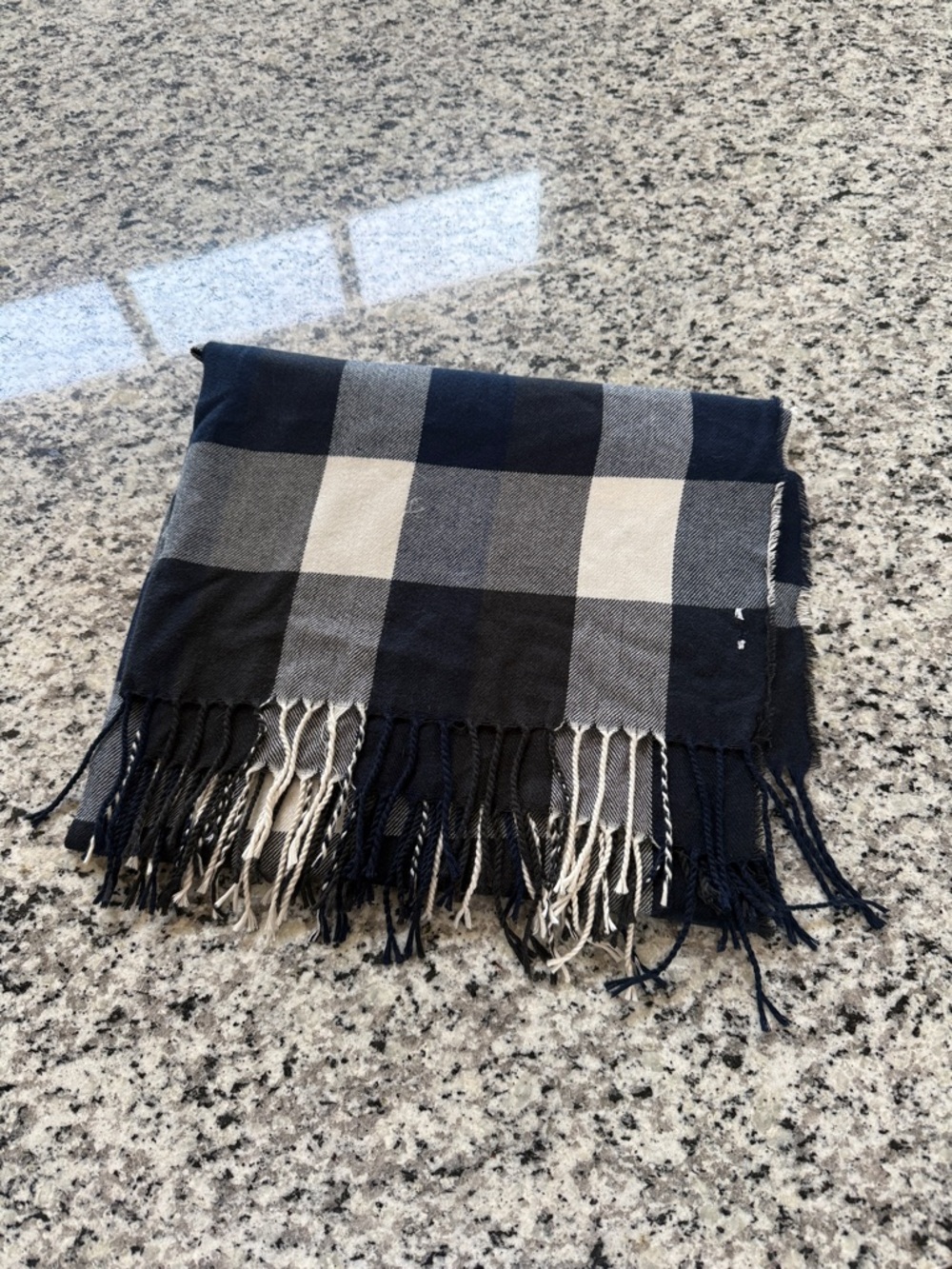 Navy and Cream Plaid Fringe Scarf